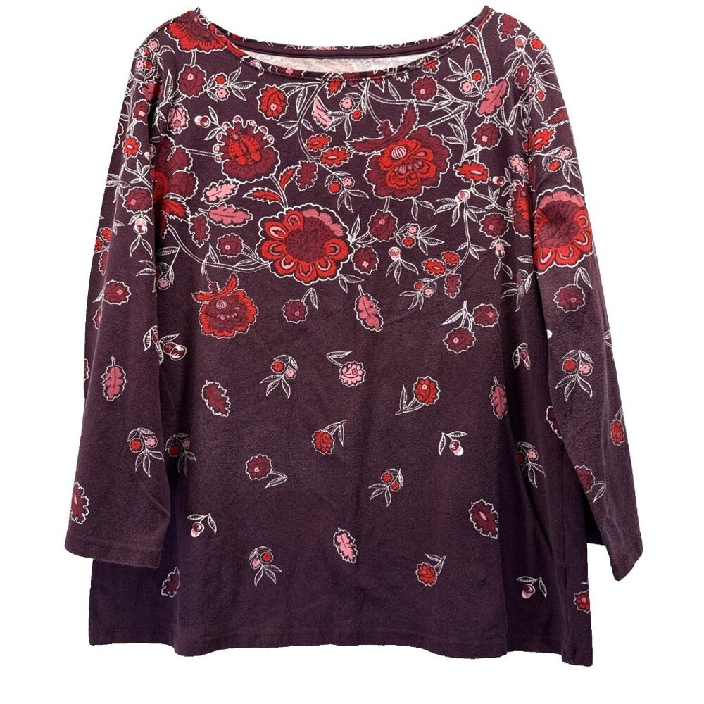 Talbots Plum Floral Scoop Neck Top with Red and Pink Blooms